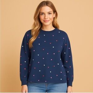 Mighty Fine Navy Blue Top with Heart Print Sweatshirt Size Small Women’s